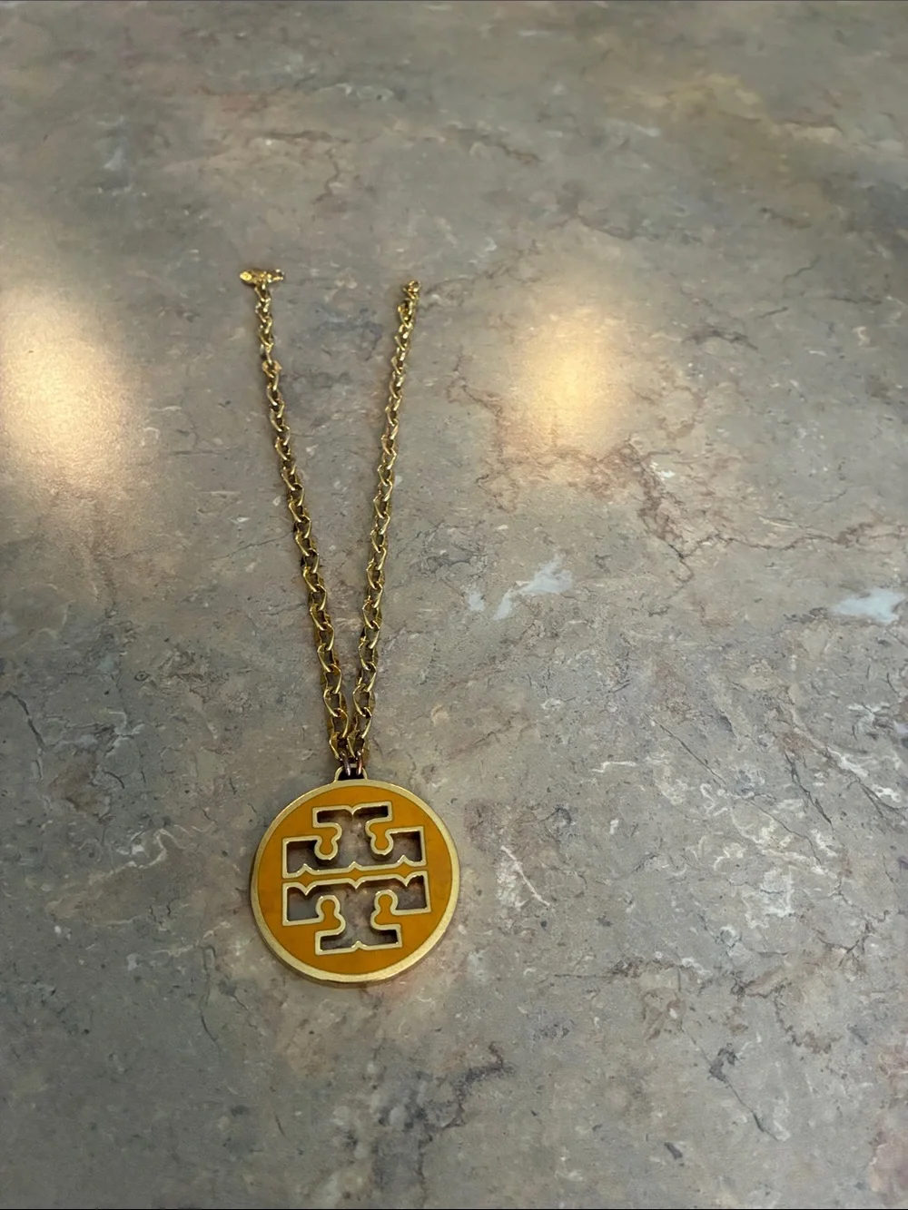 Tory Burch Gold-Tone Pendant Necklace with Yellow Enamel Logo
